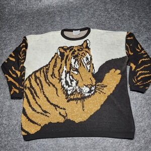 Vintage Venezia Sportswear Glitter Yarn Tiger Animal Sweater 80-90s XL Retro